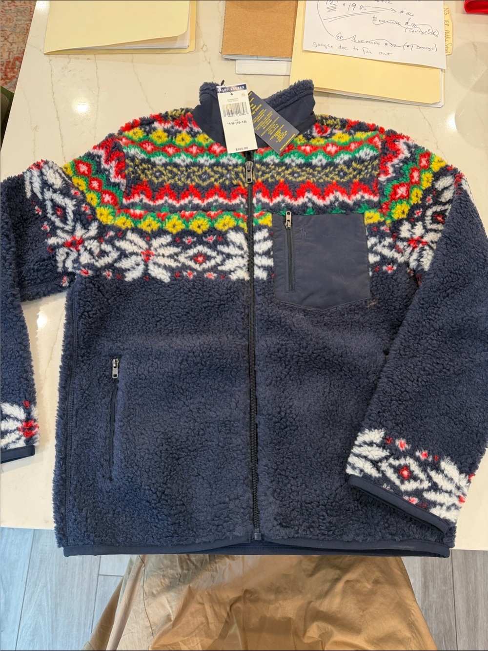POLO Ralph Lauren Navy Sherpa Zip-Up Jacket with Multicolor Fair Isle Yoke